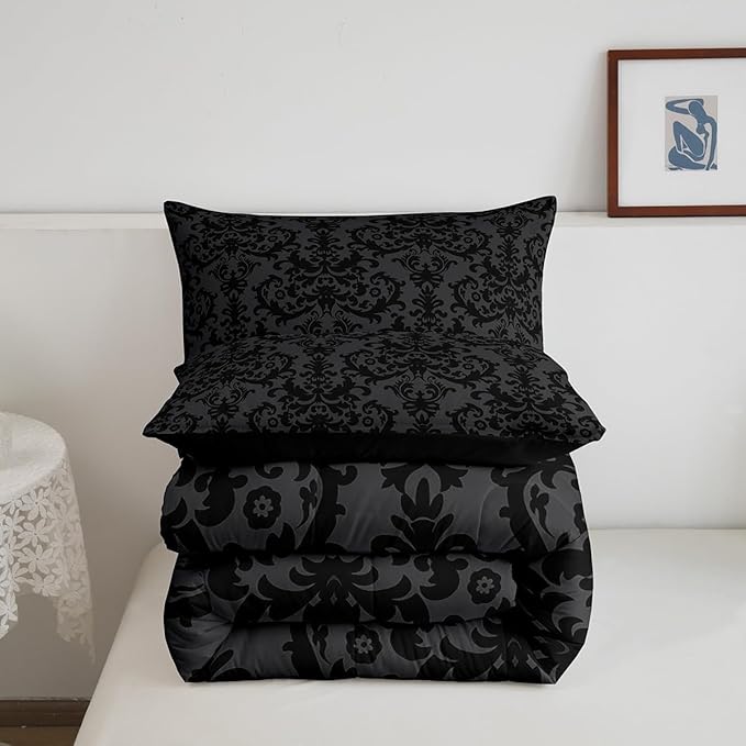 Erosebridal Adults Black Damask Bedding Set Antique Victorian Baroque Down Comforter Full Gothic Vintage Floral Comforter Set Bohemian Exotic Bedding Quilted Grey Bedroom Decor 2 Pillow Cases