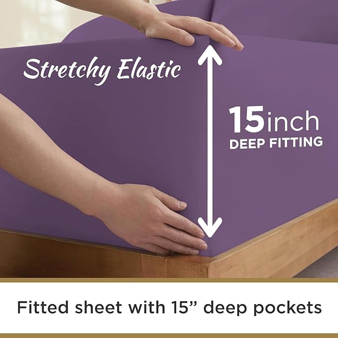 Full XL 100% Microfiber Double Brushed Sheet Set - Extra-Soft, Breathable & Wrinkle-Free - 15" Deep Pockets, 54" x 80" - Ideal for Extra Long Full Beds - 4PC Set (Full XL, Purple)