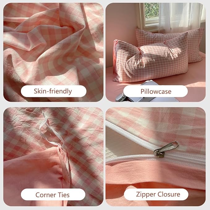Nayoroom Gingham Duvet Cover Queen Size Reversible Pink Plaid Checkered Duvet Cover 3 Pieces Soft Breathable Washed Microfiber Girls Dorm Bedding Set for All Seasons