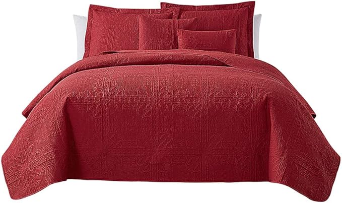 Hearth & Harbor Quilts King Size - All Season Bedspread Coverlet Set, Pinsonic Weave Lightweight Bedding Set - 5 Piece King Quilt Set with Pillow Shams, Grid - Burgundy