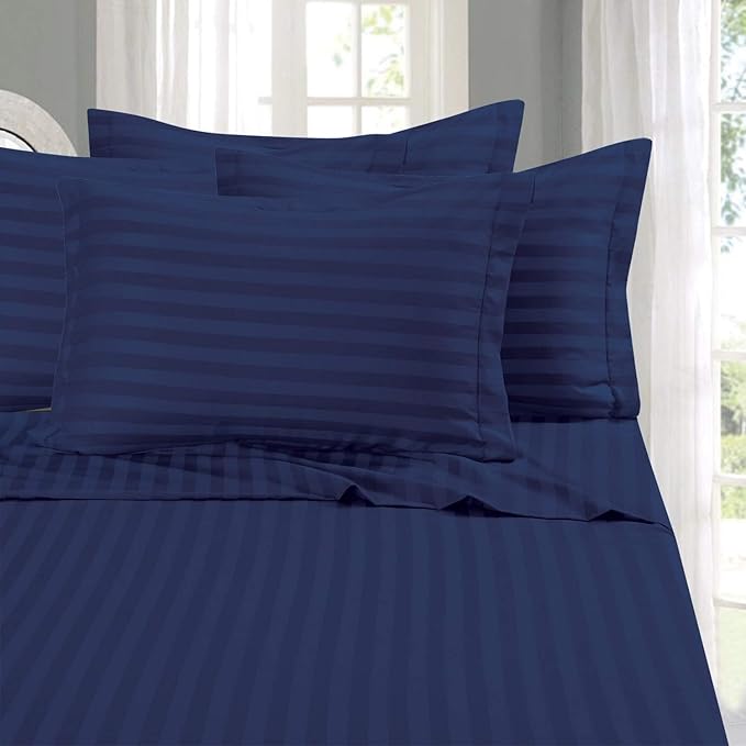 Elegant Comfort Best, Softest, Coziest 6-Piece Sheet Sets! - 1500 Premier Hotel Quality Luxurious Wrinkle Resistant 6-Piece Damask Stripe Bed Sheet Set, King Navy Blue
