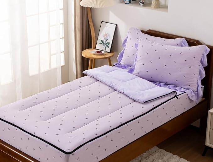 Meeting Story 3pcs Kids Comforter Set Zip up Bedding Set for Girls,Twin Kid Bedding Set Bow Comforter Set for Kid,All in one Zipper Bedding（Lightpurple,Twin）