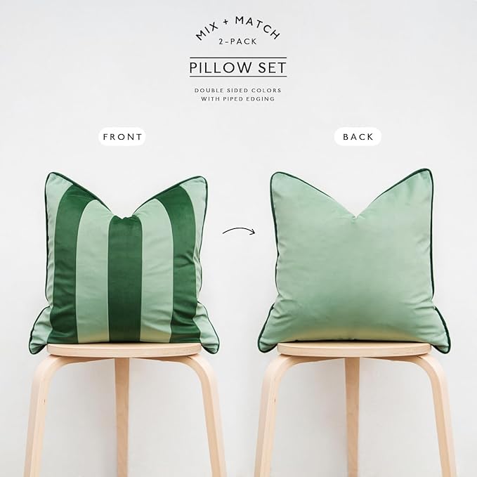 MONDAY MOOSE Decorative Throw Pillow Covers Cushion Cases, Set of 2 Soft Velvet Striped Piping Edge Designs, Pillow Inserts Not Included (22x22 inch, Green/Light Green)