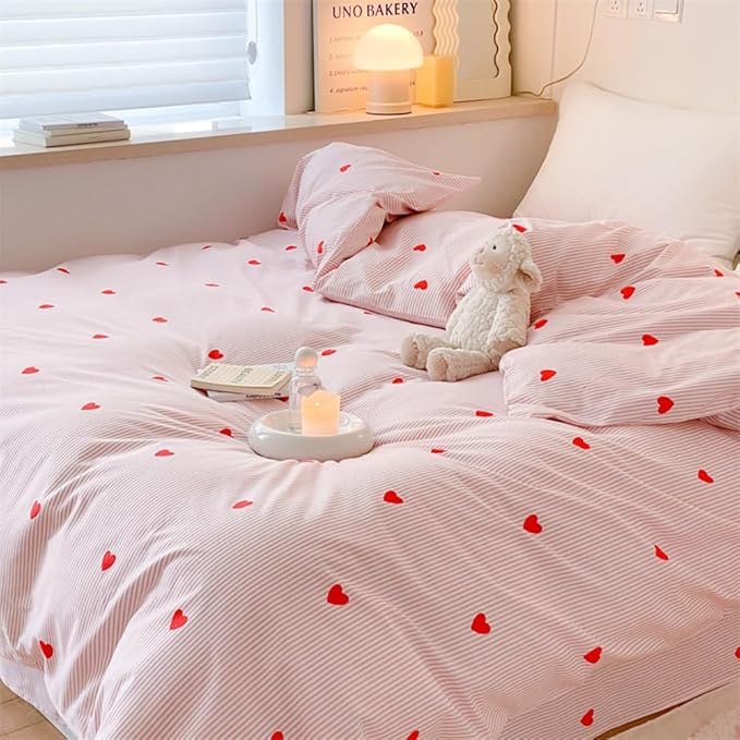 Nayoroom Full Size Cute Red Heart Pink Striped Duvet Cover Set with Zipper Closure Soft Breathable Microfiber 3Pcs Kids Girls Kawaii Heart-Shaped Comforter Cover
