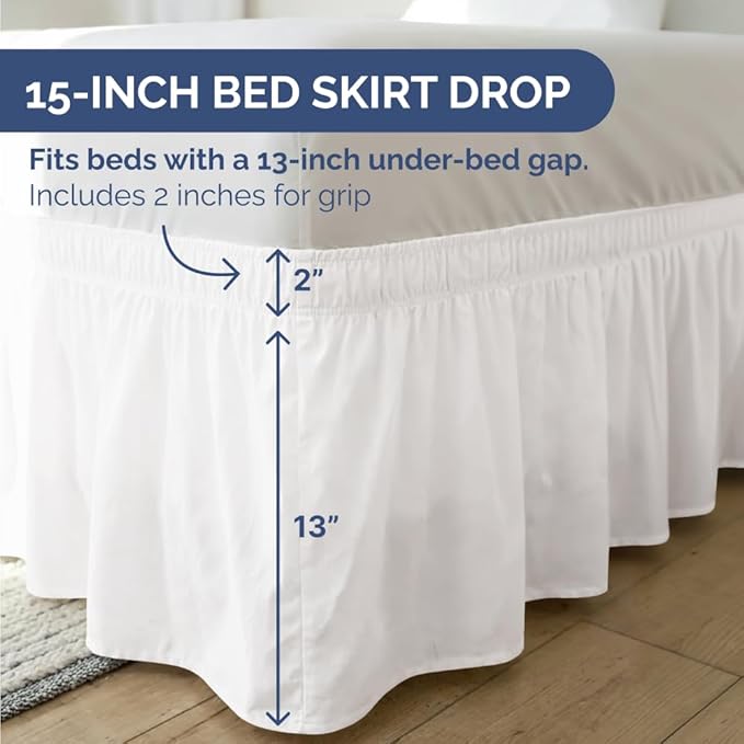Wrap Around Dust Ruffle Bed Skirt - Antique White - for Full Size Beds w/ 15 Inch Drop - Easy Fit Elastic Strap - Adjustable Pleated Bedskirt w/Brushed Fabric, Wrinkle Free Women, Men, Kids & Teens