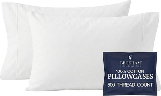 Beckham Hotel Collection 100% Cotton Pillow Cases King Size Set of 2, 500TC, Luxury Sateen Pillowcases, Open End, Breathable, Moisture-Wicking, White