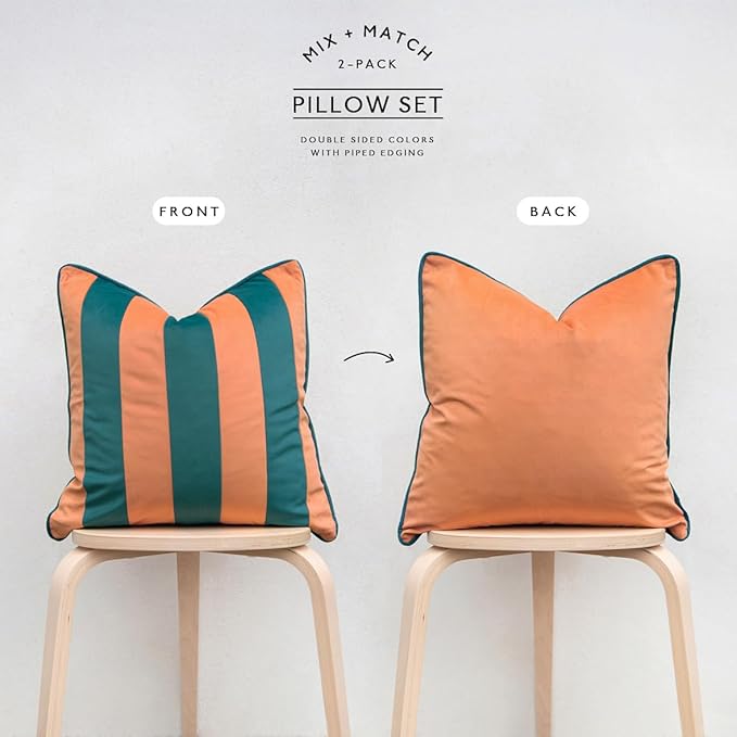 MONDAY MOOSE Decorative Throw Pillow Covers Cushion Cases, Set of 2 Soft Velvet Striped Piping Edge Designs, Pillow Inserts Not Included (20x20 inch, Coral/Dark Teal)