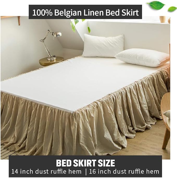 Simple&Opulence Belgian Linen Bed Skirt with Classic 16 inch Tailored Drop Dust Ruffle, Easy Fit Breathable Premium Natural Flax- Pleated Linen,King
