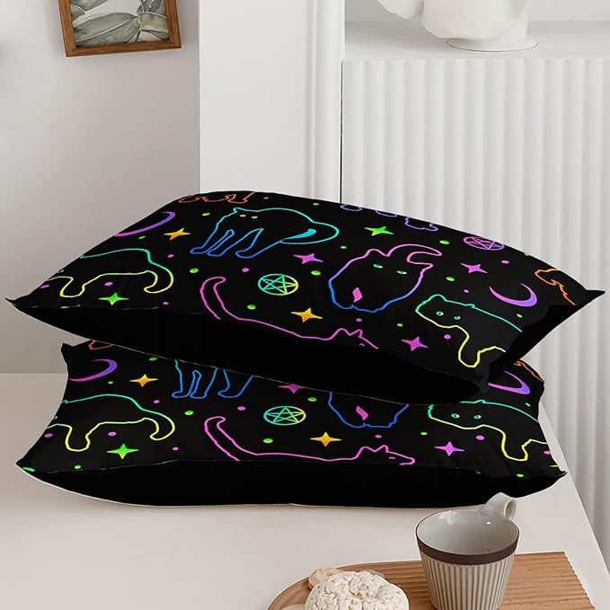 Black Cat Bedding Cartoon Cat Comforter Set Twin,Moon Stars Printed Kids Bedding Set for Boys Girls Adults Room Decor,Kids Comforter Set All Season,1 Quilt 2 Pillow Cases,Neon Color Blue Green