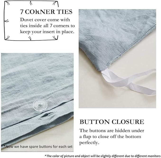 Simple&Opulence 100% Linen Duvet Cover Set with Embroidery Border Washed - 3 Pieces (1 Duvet Cover & 2 Pillow Shams) with Button Closure Soft Breathable Farmhouse - Dusty Blue, Queen Size
