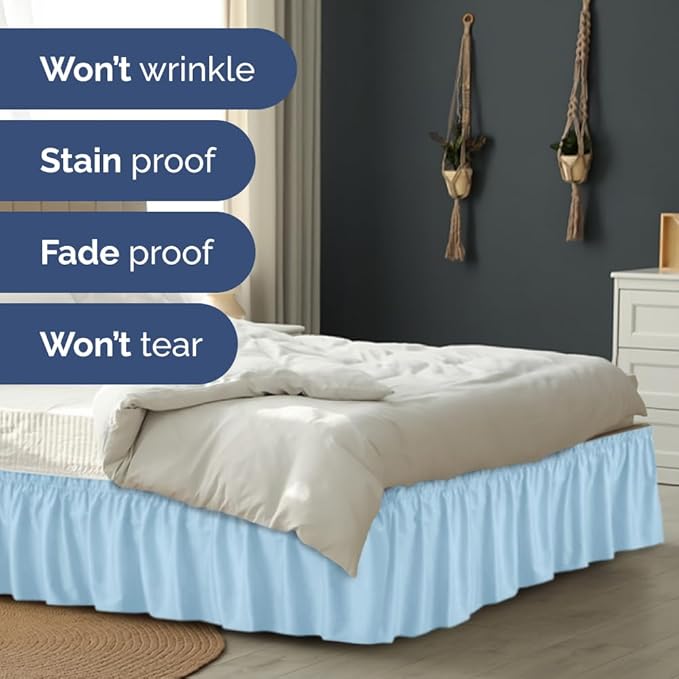 Wrap Around Dust Ruffle Bed Skirt - Light Blue - for Queen Size Beds with 24 Inch Drop - Elastic Strap - Adjustable Pleated Bedskirt with Brushed Fabric and Wrinkle Free - For Women, Men, Kids & Teens