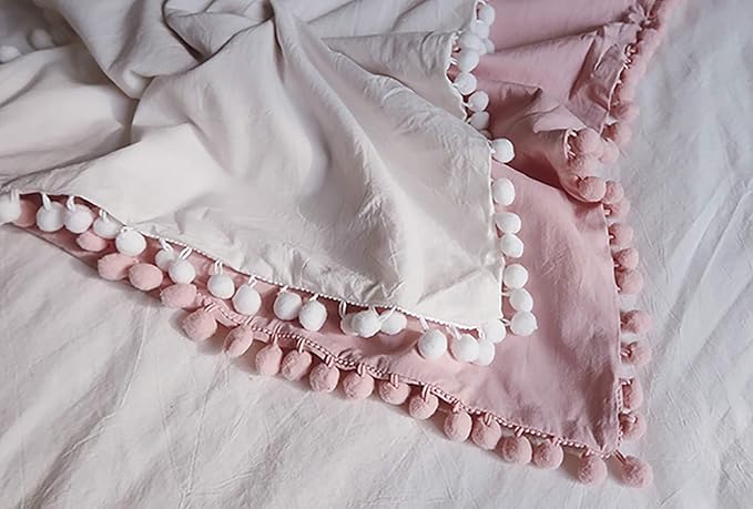 TanNicoor Pom Fringe Duvet Cover Set - 2 Piece Natural Ultra SOFE Color Washed Microfiber Bedding Set, Modern Style Down Comforter Quilt Cover with Zipper Closure(Full, Pink)