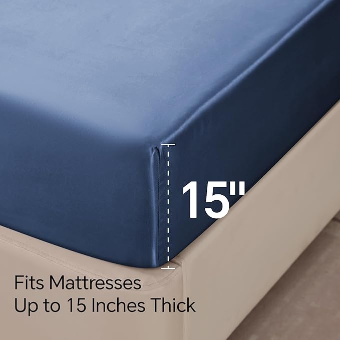 BEDELITE California King Sheets Set, Luxury Soft Navy Satin Sheets for Hair and Skin, Similar to Silk Bed Sheets Set 4 Pieces with 1 Deep Pocket Fitted Sheet, 1 Flat Sheet, and 2 Pillowcases