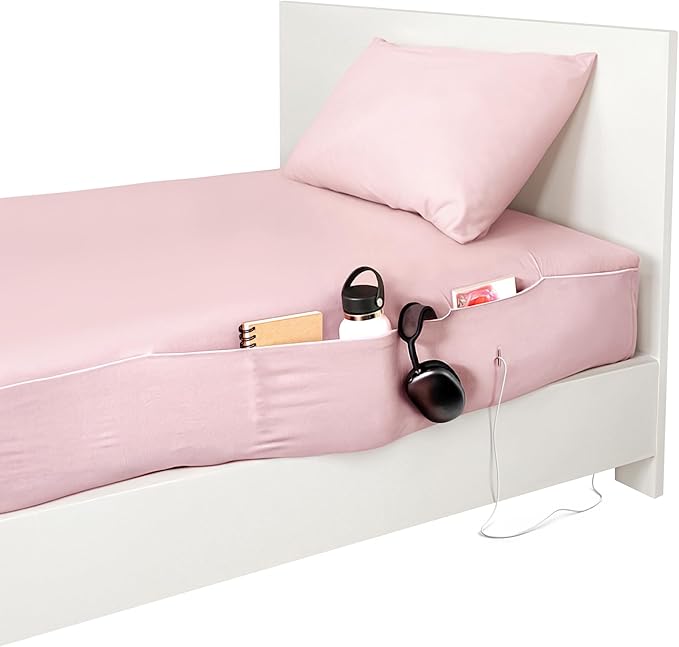 NEST and NOOKS Twin XL Fitted Sheet with Full-Length Storage Pocket | 400 Thread Count | College Dorm Bedding with Side Organizer Panel & Matching Pillowcase | Fits 39" x80"x13" Mattress | Blush Rose