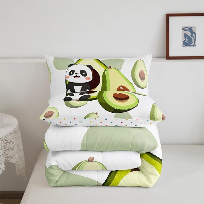 Kids Cute Panda Bedding Set Twin Kawaii Avocado Comforter Set for Boys Girls Bedroom Dorm Decor,Fruit Cartoon Exotic Animal Bedding Comforter Sets Giant Panda Bed Quilt Sets 2 Pcs Green Black White