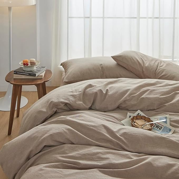 FACE TWO FACE Bedding Duvet Cover Set100% Washed Cotton Duvet Cover Linen Like Textured Breathable Durable Soft Comfy (King, Khaki)