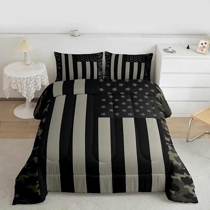 American Flag Comforter Set Full Military Camo Down Comforter,Retro Army Green Camouflage USA Flag Bedding Set For Kids Boys Teens Men Bedroom,Black Grey Stars Stripes Quilt Duvet Set 2 Pillow Cases