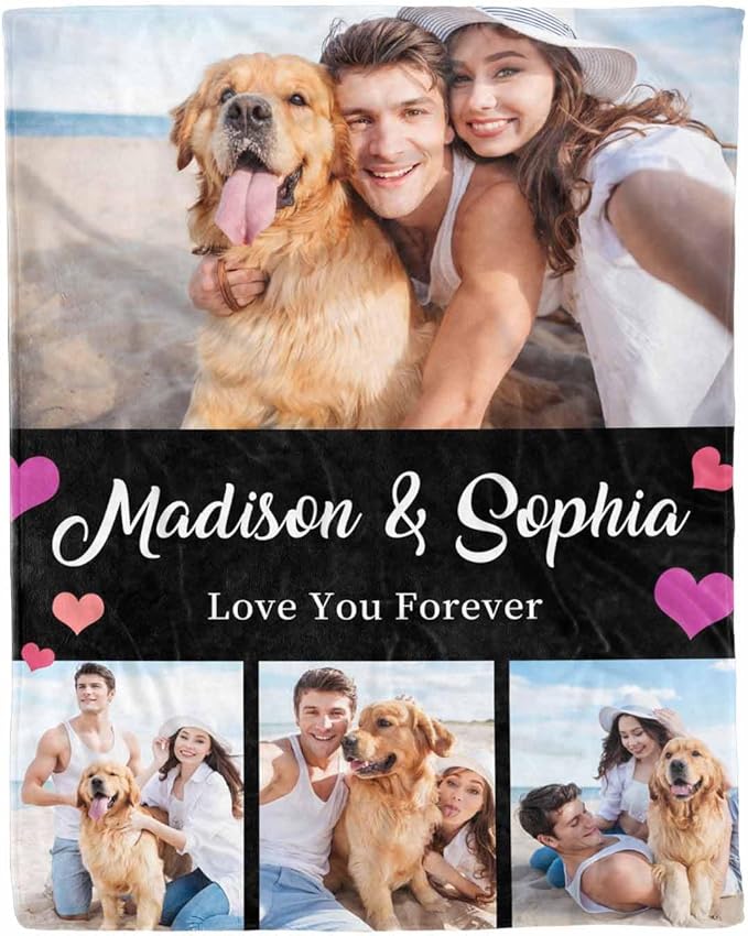 Costume Blanket with Pictures, 4 Photos Blanket Customized Personalized Photo Blanket for Valentines,Boyfriend,Dad,Mom,Friends,New Year,Birthday, 8 Sizes