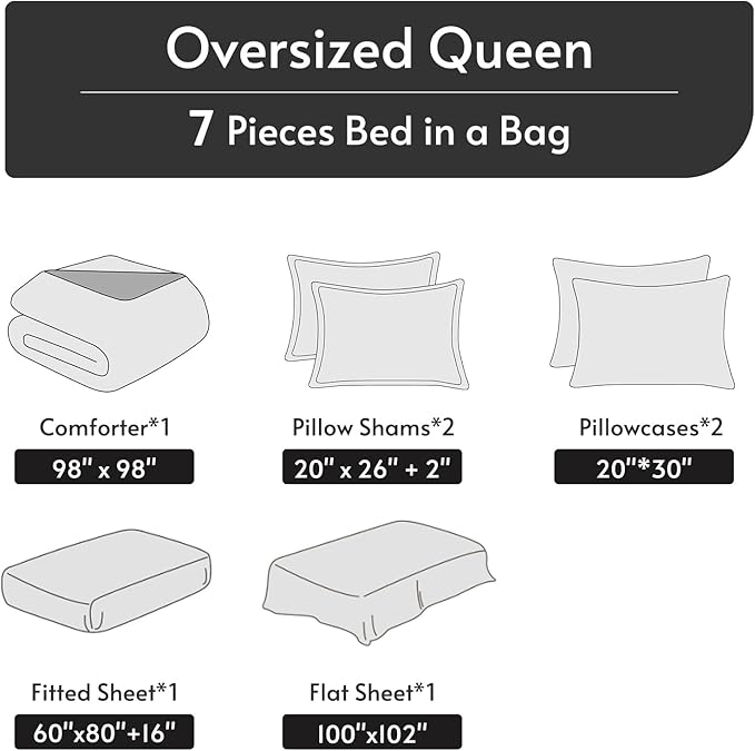 MUXHOMO 7 Pieces Oversized Queen Comforter Set, Reversible Bed in a Bag Oversized Queen Size, All Season Bedding Set, Flat Sheet, Fitted Sheet, Pillowcases & Shams, Dark Grey & Light Grey