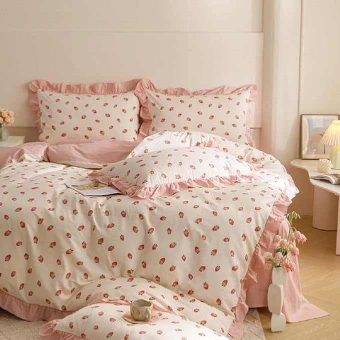 Nayoroom Ruffle Duvet Cover Full Size Pink Strawberry Printed on White Ruffled Bedding Set 3Pcs Reversible Kids Girls Cute Kawaii Coquette Comforter Cover Soft Lightweight Microfiber
