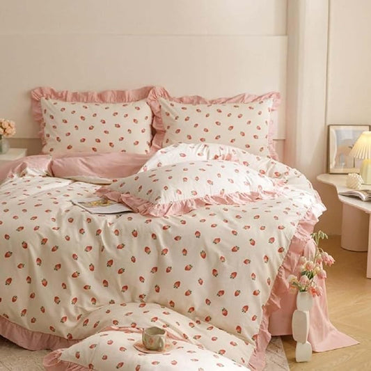Nayoroom Ruffle Duvet Cover Full Size Pink Strawberry Printed on White Ruffled Bedding Set 3Pcs Reversible Kids Girls Cute Kawaii Coquette Comforter Cover Soft Lightweight Microfiber