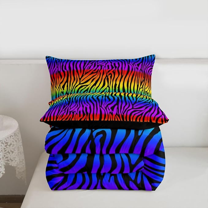 Feelyou Zebras Skins Comforter Rainbow Zebra Stripes Bedding Set Colorful Zebra Pattern Comforter Set for Kids Adults Zoo Animal Fur Print Duvet Set Ultra Soft Room Decor Full Size Quilt Set