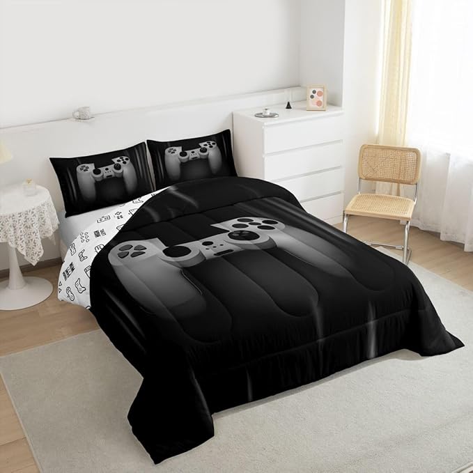 Feelyou Boys Gamer Comforter Set King Size Bedding Set for Kids Gaming Comforter Gray Black Video Games Gamepad Room Decor for Teens Child Super Soft Geometric Duvet Quilted Son Grandson Gift
