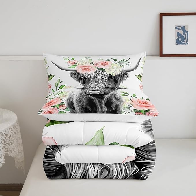 Feelyou Highland Cow Bedding Set Kids Rose Floral Bull Cattle Comforter Set for Girls Teens Western Wildlife Animal Comforter Farmhouse Duvet Set Room Decor Quilt Set Twin Size