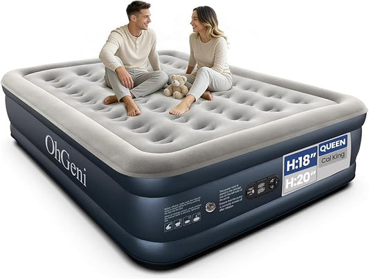 OhGeni Air Mattress Queen with Built in Pump, Blow Up Colchones Inflables Mattress for Guests, Portable Air Mattresses with Carrying Bag, 18" Raised Elevated Air Bed for Camping, Dark Blue