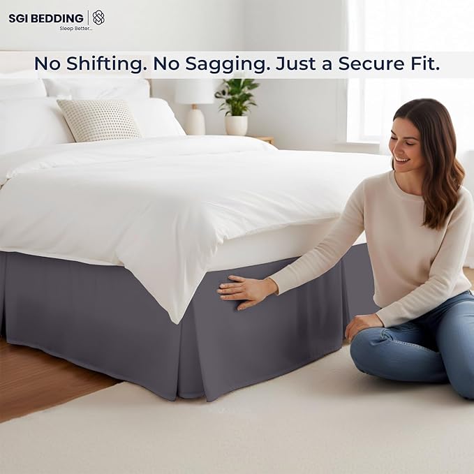 SGI Bedding 10 inch Drop Bed Skirt King Size - Platform Style with Secure Fit, Classic Tailored Look, Elegant Pleated Style Dust Ruffle, Split Corners, Wrinkle Resistant Microfiber - Dark Grey