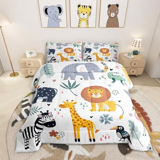 Feelyou Kids Zoo Animal Comforter Set Toddler Size Cute Wild Animals Bedding Set Cartoon Safari Wild Print Comforter for Boys Girls Children Teens Bedroom Decor Exotic Natural Theme Duvet Set