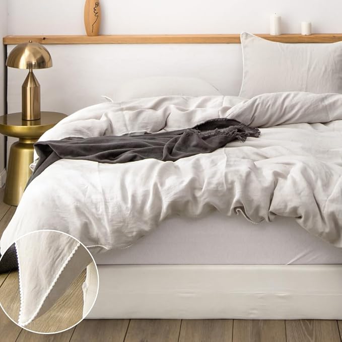 Simple&Opulence 100% Washed Linen Duvet Cover with Pom Pom Trim, Natural French Flax Bedding Set Soft Breathable,1 Farmhouse Boho Comforter Cover and 2 Pillow Shams(Queen,Natural Linen)