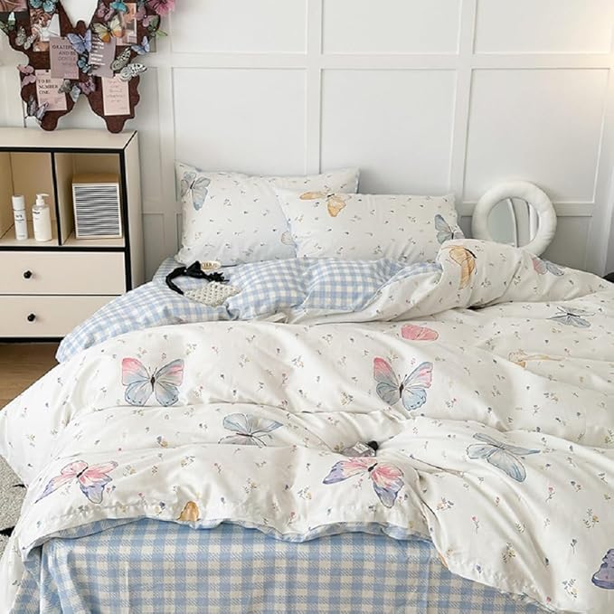 Nayoroom Butterfly Duvet Cover Queen Size Reversible Blue White Gingham Bedding Set 3 Pcs Kids Girls Colorful Butterflies Comforter Cover with Zipper Closure Soft Breathable Microfiber