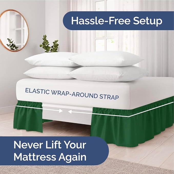 Wrap Around Dust Ruffle Bed Skirt - Emerald - for Queen Size Beds w/ 15 Inch Drop - Easy Fit Elastic Strap - Adjustable Pleated Bedskirt w/Brushed Fabric - Wrinkle Free - for Women, Men, Kids & Teens
