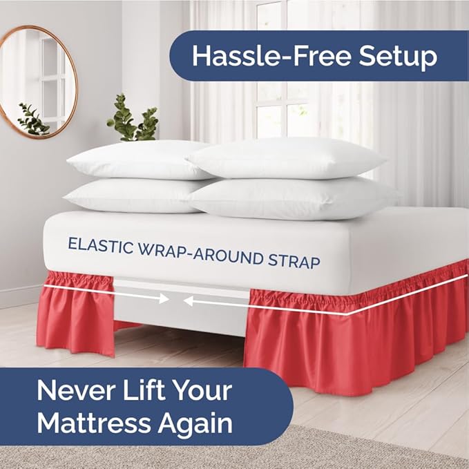 Wrap Around Dust Ruffle Bed Skirt - Red - for Queen Size Beds with 21 Inch Drop - Easy Fit Elastic Strap - Adjustable Pleated Bedskirt w/Brushed Fabric - Wrinkle Free - for Women, Men, Kids & Teens