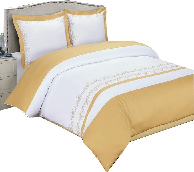 Royal Hotel Bedding Gold and White Amalia 4 Piece Full/Queen Embriodered Comforter Set 100% Cotton 300 Thread Count by Royal Hotel