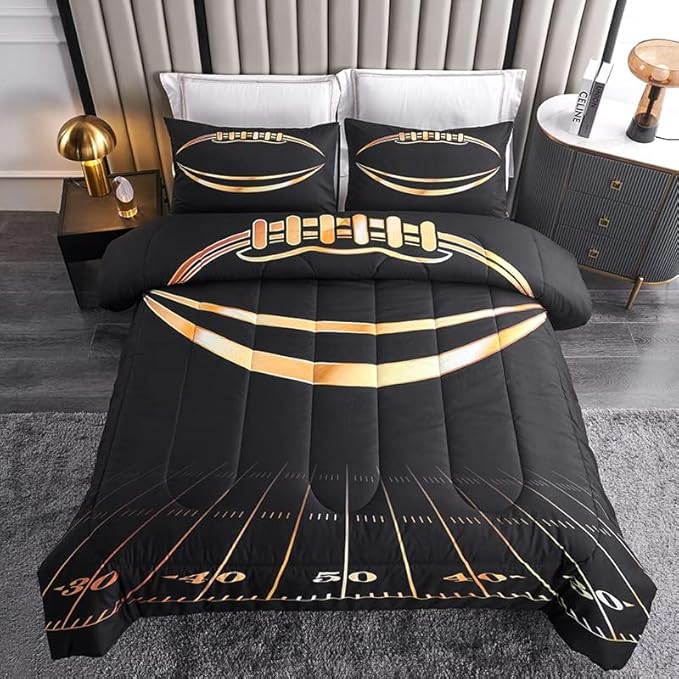 Boys Comforter Set, Twin Size, Football Themed, 3 PCS Including 1 Comforter & 2 Pillowcases, All Season Use, Black and Gold