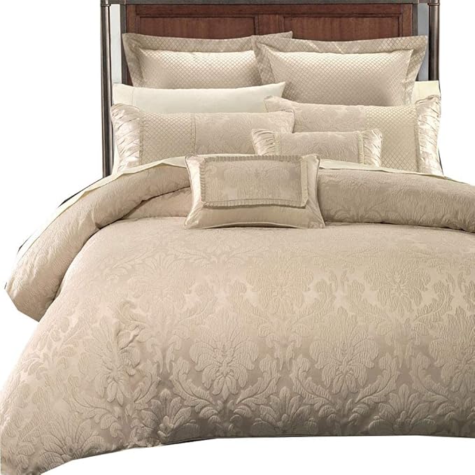 Royal Hotel Bedding Luxury 7 Piece Sara Jacquard Duvet Cover Set (Comforter Cover), Corner Ties with Duvet Cover and Button Closure, King/Cal King Size, Beige
