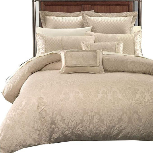 Royal Hotel Bedding Luxury 7 Piece Sara Jacquard Duvet Cover Set (Comforter Cover), Corner Ties with Duvet Cover and Button Closure, King/Cal King Size, Beige