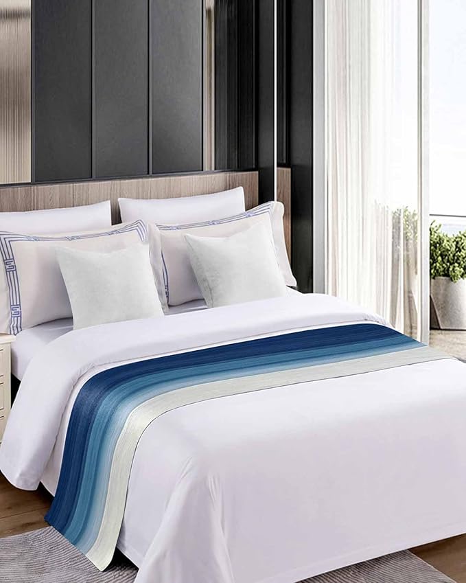 Abstract Navy Blue Ombre Stripe Art Bed Runners for Bedroom Hotel,Decorative Bedding Scarf Modern Color Line Texture Bed End Blanket Bedding Runner Scarves for Twin Size Bed,71x20in