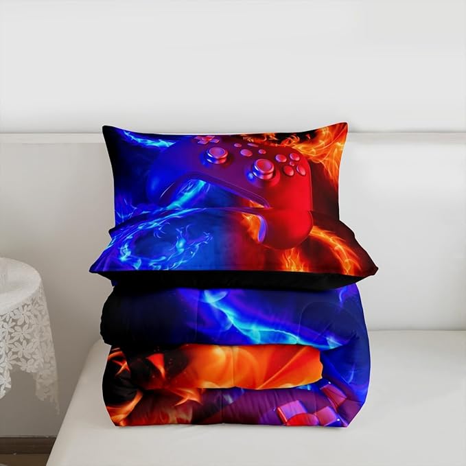 Ice Fire Dragon Comforter Set for Boys Teens Kids Gamer Games Room Decor Bedding Set Blue Red Gaming Gamepad Down Comforter ,Fairy Tale Animals Theme Room Decor 3Pcs Duvet Insert Queen Size,Soft