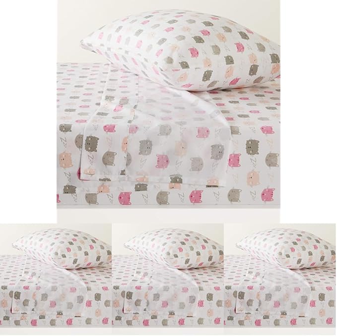 Amazon Basics Kid's Soft,Easy-Wash Microfiber 3-Piece Sheet Set,Twin,Peony Pink Kitties,Animal Print,(Pack of 4)