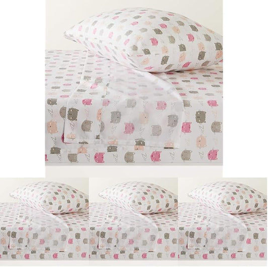 Amazon Basics Kid's Soft,Easy-Wash Microfiber 3-Piece Sheet Set,Twin,Peony Pink Kitties,Animal Print,(Pack of 4)