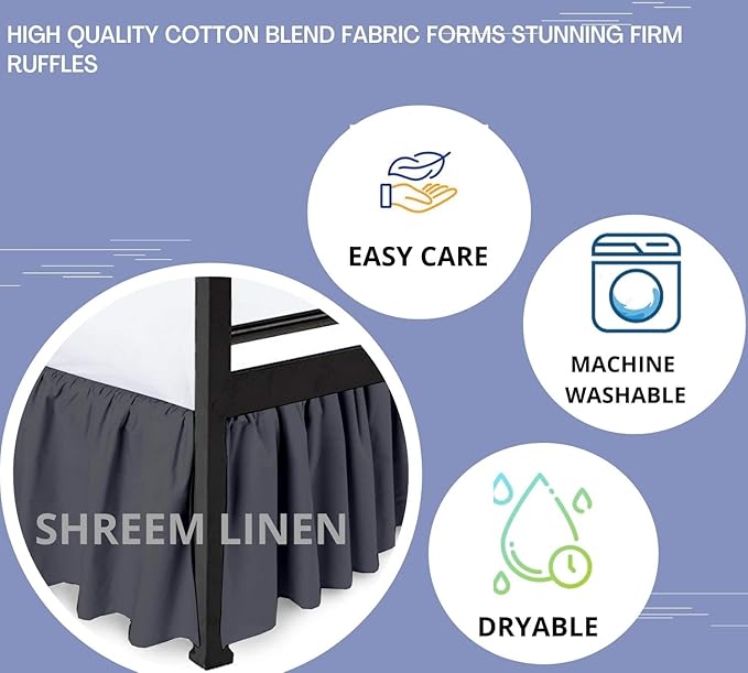Shreem Linen Ruffled Bed Skirt with Split Corners, Gathered Style, 100% Microfiber, 12-Inch Drop, Dust Ruffle Bedskirt with Platform, Full-XXL, Dark Grey