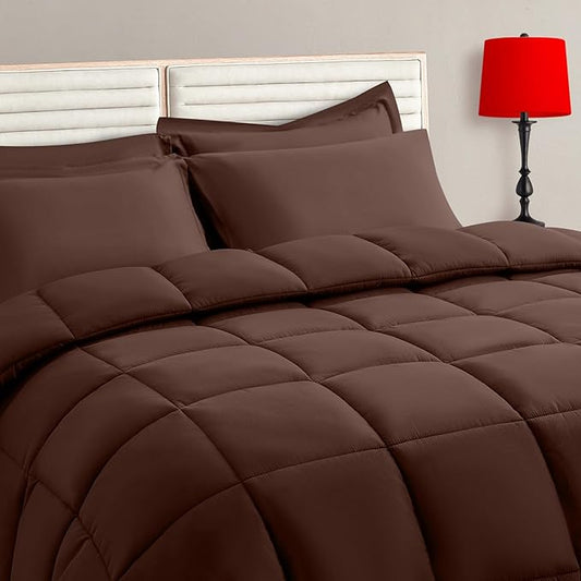 TAIMIT Brown Twin Size Comforter Set - 5 Pieces, Bed in a Bag Bedding Sets with All Season Soft Quilted Warm Fluffy Reversible Comforter,Flat Sheet,Fitted Sheet,1 Pillow Shams,1 Pillowcases