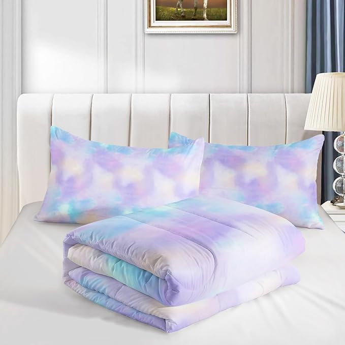 Axolotl Tie Dye Bedding Set Twin,Pink Blue Purple Cloud Comforter Set,Boho Psychedelic Bedding Colorful Tie Dye Pastel Comforter Set,Rainbow Bedding Set for Women,1 Quilt 2 Pillowcases