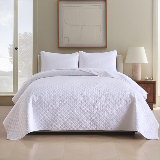 Cotton Quilt Bedding Sets Queen Size, 3 Pieces Reversible Lightweight Coverlets Comforters Bedspreads for All Seasons,Geometric Stitching Pattern,White