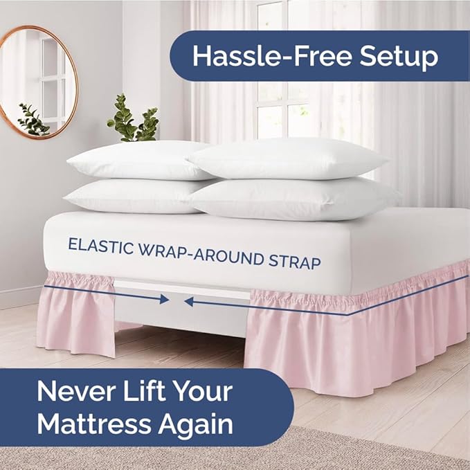 Wrap Around Dust Ruffle Bed Skirt - Lavender Pink - for Queen Size Beds w/ 15 Inch Drop - Easy Fit Elastic Strap - Adjustable Pleated Bedskirt w/Brushed Fabric -Wrinkle Free, Women, Men, Kids & Teens