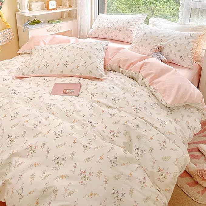 Nayoroom Floral Duvet Cover Full Size Girls Pink White Botanical Flower Coquette Bedding Set 3 Pieces Soft Breathable Garden Cottagecore Aesthetic Comforter Cover with Pillow Shams