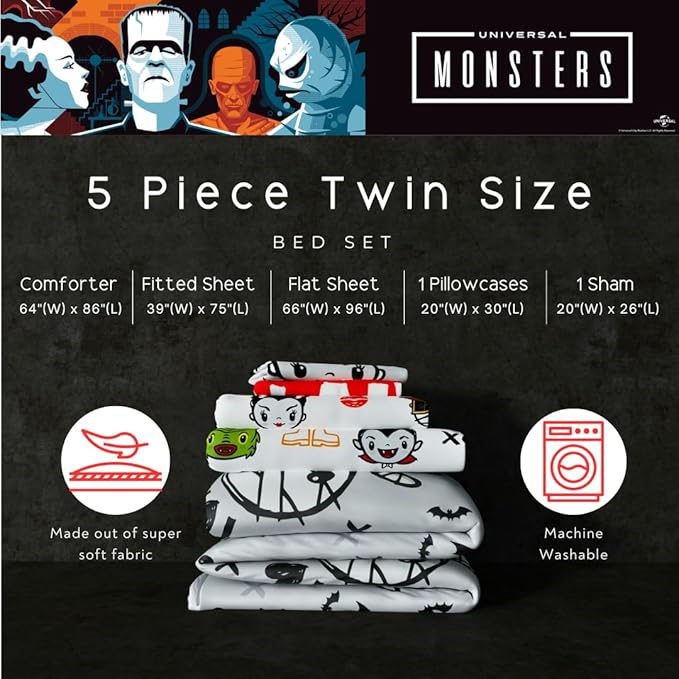 Universal Little Monsters Halloween 5 Piece Twin Bedding Set - Super Soft Cozy Reversible Comforter and Sheet Set with Sham, (Officially Licensed Product) by Franco